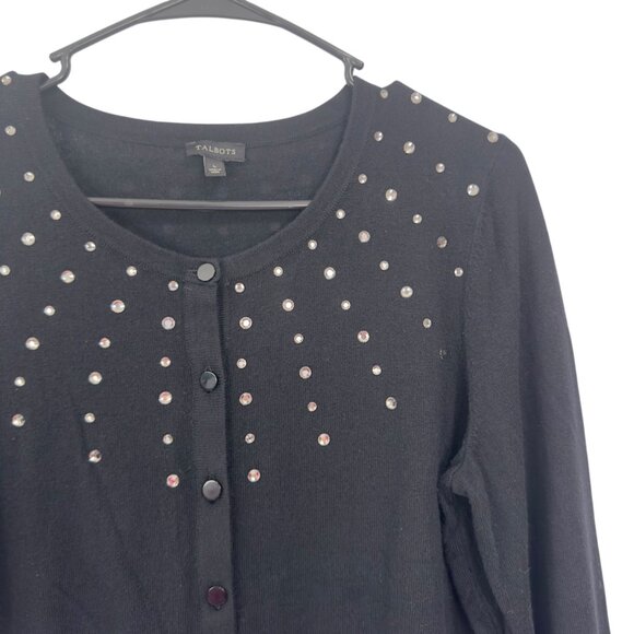 Talbots Women SZ Large Classic Button Up Black Cardigan Rhinestone Embellishment - Picture 2 of 13